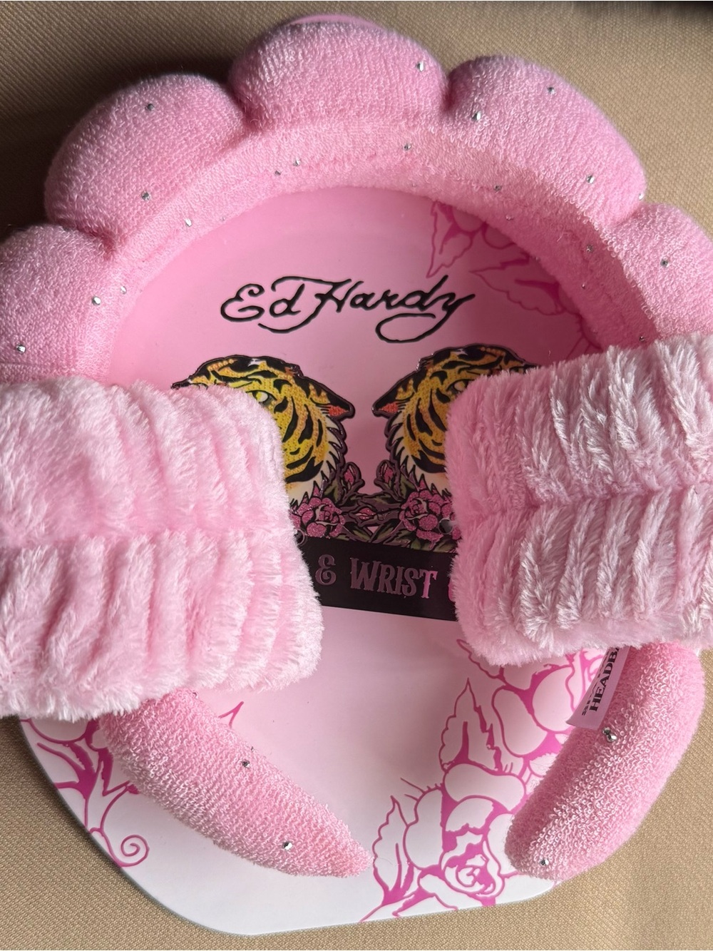 Ed Hardy Pink Plush Headband and Wrist Cuffs Set
